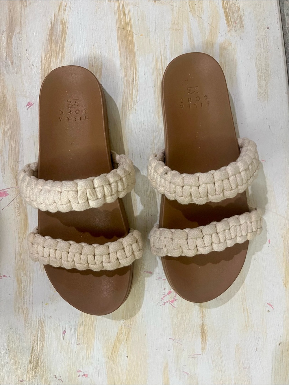 Billabong Braided Double Strap Slide Sandals in Cream and Brown